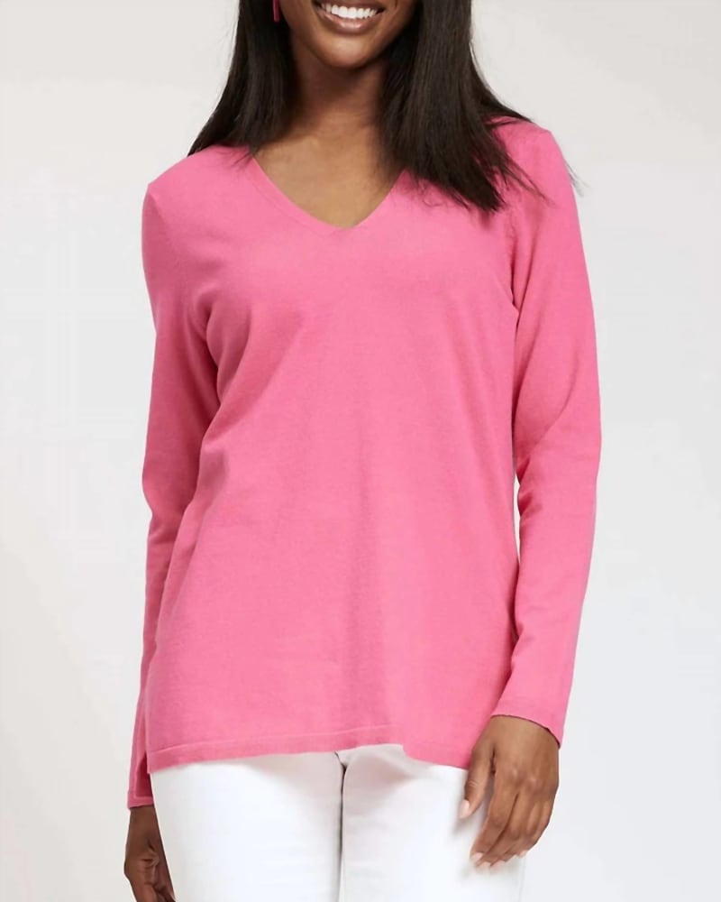 Front of a model wearing a size XL Angela V-Neck Sweater in Hot Pink in Hot Pink by Tyler Boe. | dia_product_style_image_id:332367